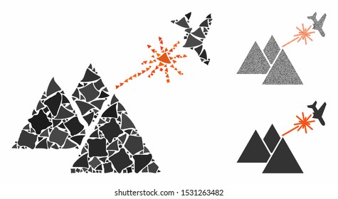 Piramides strike airplane composition of irregular parts in variable sizes and color tones, based on piramides strike airplane icon. Vector tuberous parts are organized into collage.