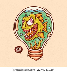 Piranha In A Bulb Hand Drawn Color Vector Doodle Illustration