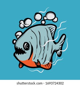 Piranha cartoon with oxygen bubble. Fish vector concept. Animal illustration isolated on blue background