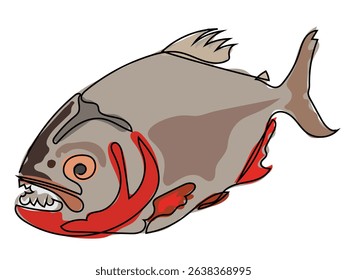 Piranha in continuous line drawing on a white background.