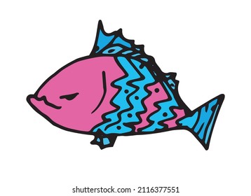 piranha dissatisfied pink and blue. drawn in doodle style fish funny dissatisfied, with a pattern of scales zigzag line character for a design template for children
