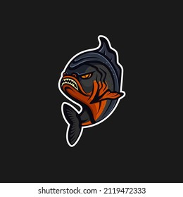 Piranha fish cartoon vector illustration with sharp teeth. E sport mascot logo with angry monster animal predator.