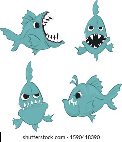 Piranha Fish Illustration Character Front Side Cartoon Angry Blue Fish Vector Art