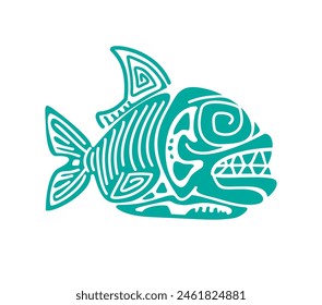 Piranha fish, Mayan Aztec totem symbol of power and survival, resilience and adaptability in the face of challenge. Isolated vector blue sign with ethnic ornament, dangerous toothy fish with sharp fin