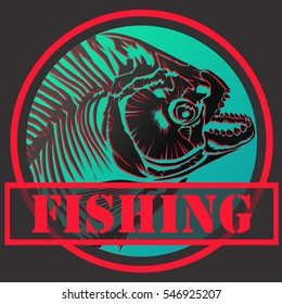 Piranha fish retro logo illustration. Retro fishing park background.