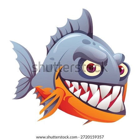 Piranha fish with sharp teeth and wide grin. Vector cartoon illustration