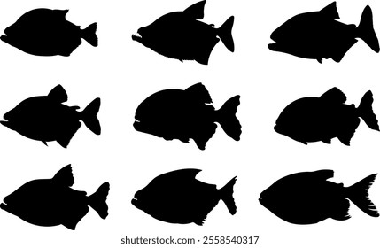 Piranha fish silhouettes vector illustration set