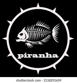 Piranha fish skeleton. Design for print or tattoo. Isolated on black background. Vector illustration.