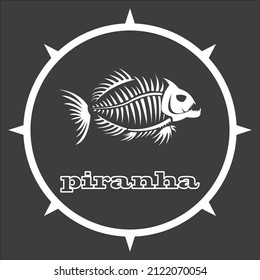 Piranha fish skeleton. Design for print or tattoo. Isolated on gray background. Vector illustration.