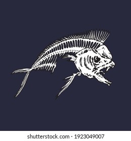 Piranha fish skeleton, side view. Ink black and white drawing. Vector illustration