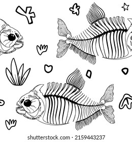 Piranha fish skeletons seamless pattern vector graphic print for fabric, textile, wallpaper, wrapping paper.