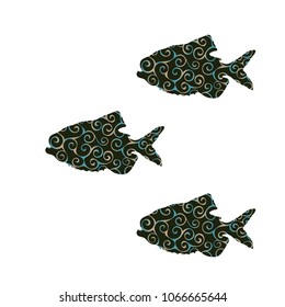 Piranha fish spiral pattern color silhouette aquatic animal