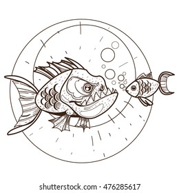 Piranha and goldfish. Clipart on the marine theme. Animal protection.