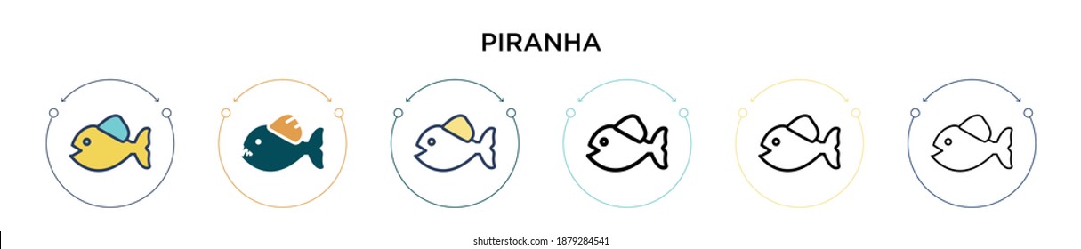 Icono piraña en el estilo relleno, delgado, contorno y trazo. Ilustración vectorial de dos íconos vectores de piranha de color y negro se puede usar para móviles, ui, web