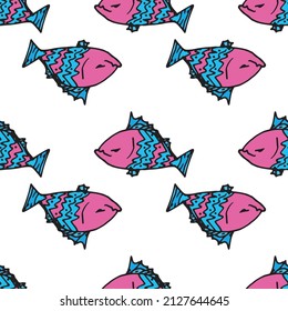 The piranha pattern is dissatisfied with pink and blue. seamless pattern of doodle-style fish is amusingly dissatisfied, with a zigzag character line scale pattern for a design template for kids