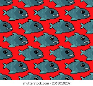 Piranha pixel art pattern seamless. freshwater fish pixelated background. 8 bit texture