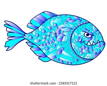 Piranha sea animal color blue for adults vector illustration. Anti-stress for adult. svg