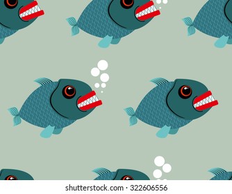 Piranha seamless pattern. Toothy fish vector background. Terrible, bloodthirsty saltwater. Marine predator in sea of endless texture.