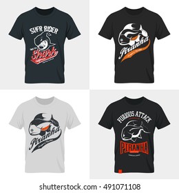 Piranha and shark old grunge effect tee print vector design set. Premium quality superior American retro logo concept. Shabby dangerous fish t-shirt emblem.
