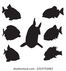 piranha silhouette set collection isolated black on white background vector illustration