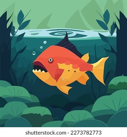 Piranha swimming in a river in the rainforest. Tropical rainforest fish and animals. Flat vector illustration concept