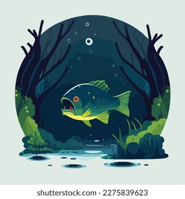 Natación piraña en un río en la selva tropical. Peces y animales de la selva tropical. Concepto de ilustración vectorial plana