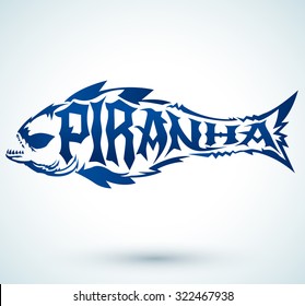 Piranha vector lettering with the shape of a fish - hardcore emblem
