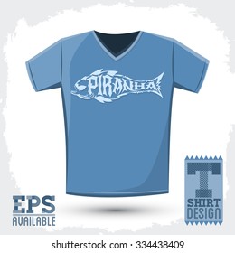 Piranha vector lettering with the shape of a fish t-shirt print template, silkscreen vector lettering design