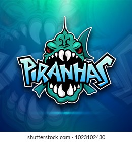 Piranhas emblem logo for sports team, modern badge mascot design isolated on atmospheric background