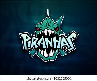 Piranhas emblem logo for sports team, modern badge mascot design isolated on atmospheric background