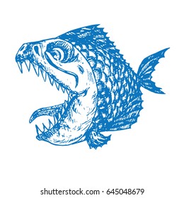 Piranhas fish profile, open mouth with sharp teeth and long tongue, funny hand drawn doodle sketch in pop art style, vector illustration