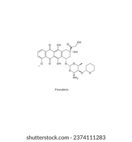 Pirarubicin estructura molecular esquelética plana Medicamento antraciclino utilizado en el tratamiento del cáncer de vejiga. Ilustración vectorial.