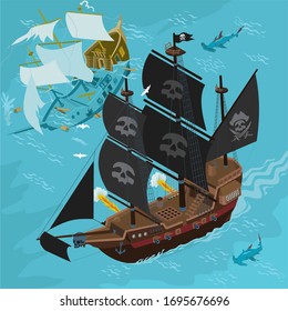 Barco pirata batalla ilustración isométrica vectores estilo caricatura en el mar fantasía mapa y creador de juegos con barco hundido