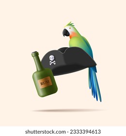 Pirate 3d composition with capotan triange siling hat with skull and bones symbol, parrot and bottle of rum, digital illustration