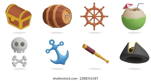pirate 3D vector icon set.
treasure chest,wooden barrel,boat steering wheel,coconut,skull,anchor,telescope spyglass,pirate hat svg