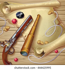 Pirate accessories composition with sheet of old paper gun spyglass treasure on wooden background vector illustration