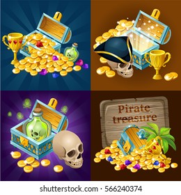 Composición de accesorios piratas con tesoro, gemas y cráneo. Elementos para los juegos. Ilustración vectorial.