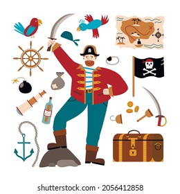 Pirate accessories flat icons collection with wooden treasure chest and black jolly roger flag abstract vector illustration