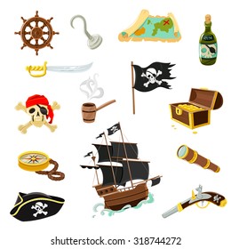 Pirate accessories flat icons collection with wooden treasure chest and black jolly roger flag abstract vector illustration