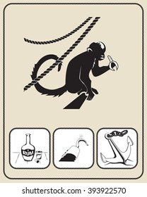 Pirate accessories flat icons collection. Monkey with banana on the deck of the ship. Anchor on a seabed.  Bottle of rum and shot glass on a table. Hook