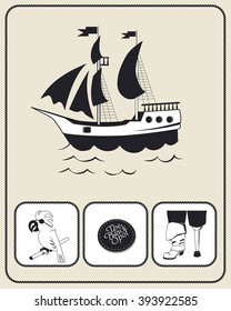 Pirate accessories flat icons collection. The black spot. One-legged pirate. African gray parrot. Ship and black sails