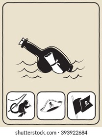Pirate accessories flat icons collection.  The message in a bottle. Pirate flag. Pirate hat. Monkey with banana on the deck of the ship