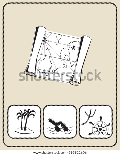 Pirate accessories flat icons
collection. Old treasure map. The message in a bottle. Desert
island