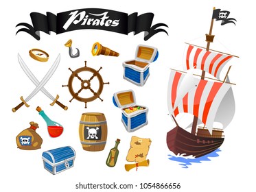 Pirate accessories flat icons with wooden treasure chest with treasures sabers steering wheel rum barrel of gunpowder vector