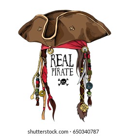 Pirate accessories. Tricorn hat, bandana and with a dreadlocks. Vector illustration.