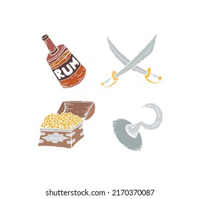 Pirate accessory hand drawn colored silhouette. Crossed swords, golden chest, bottle of rum and hook instead of hand that is the pirate every day objects, pen drawing symbols. Bad sailors equipment.