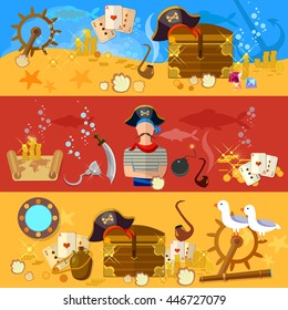 Pirate adventure banners underwater treasure pirate chest with gold steering wheel vector illustration 