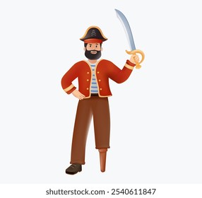 Piraten Abenteuer Charakter mit einem Schwert. Illustration im 3D-Cartoon-Stil. Seerover Mann in Piraten Kostüm, Korsar oder Seemann Crew Kapitän, Freibeuter Pirat in genialer Vektorgrafik