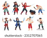 Pirate adventure characters. Cartoon pirat with rum, sea rover man woman in pirates costumes, corsair or marine sailor crew captain, buccaneer pirat in ingenious vector illustration