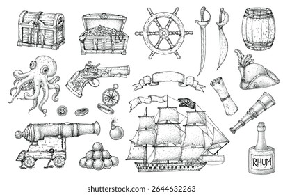 Coleção de aventura pirata. Ilustração de vetor desenhada à mão. Modelo de projeto do mar. Elementos de esboço para pirata-marinho tema design. Atributos piratas.
